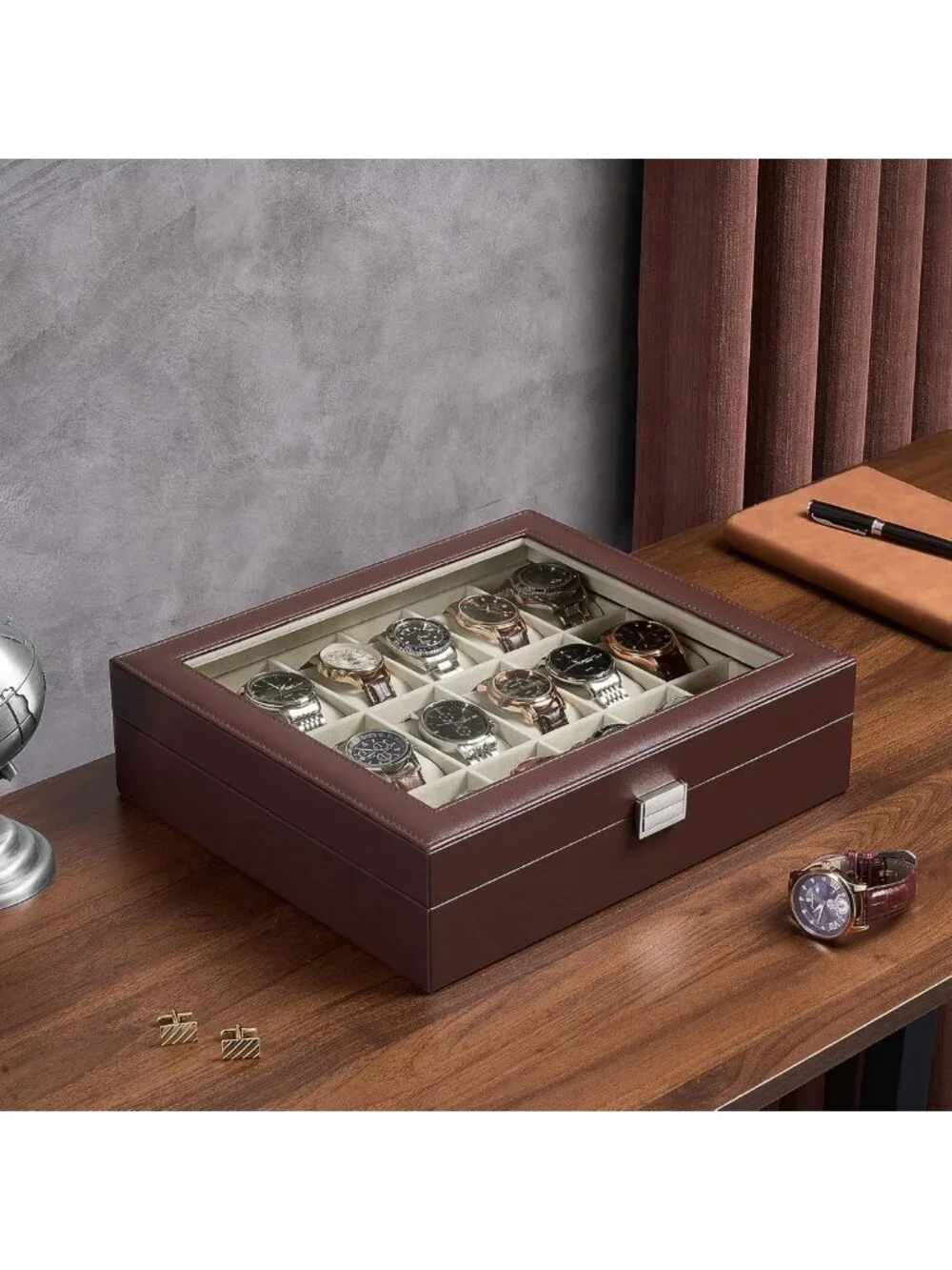 18-Slot Watch Box Organizer - Elegant Espresso & Beige Display Case for Watches